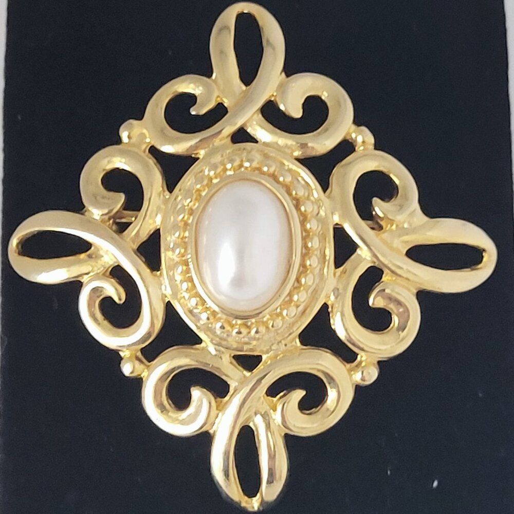 Filigree Open Work Scroll Brooch Oval Faux Pearl 2.5" Unsigned